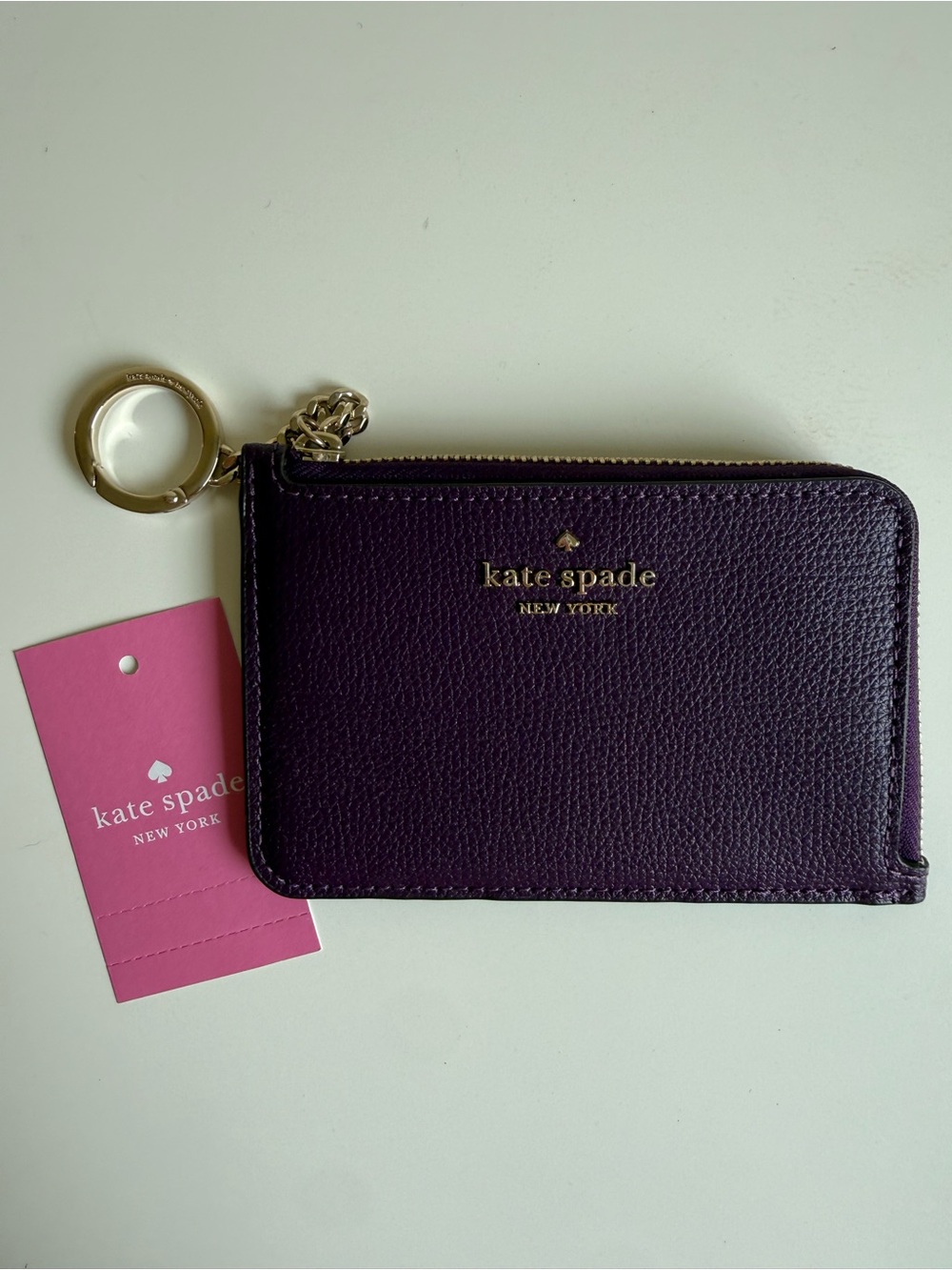 kate spade plum leather zip key card holder with gold-tone hardware - Picture 4 of 7